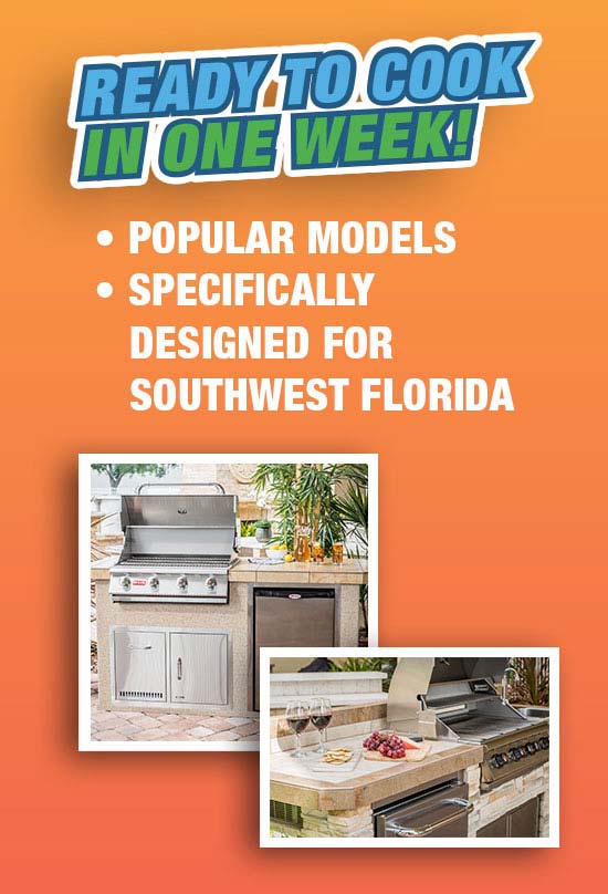Popular Outdoor Kitchen Models "The Resort Collection" Ready to cook in one week from The Recreational Warehouse Southwest Florida's Leading Warehouse for Spas, Hot Tubs, Pool Heaters, Pool Supplies, Outdoor Kitchens and more!